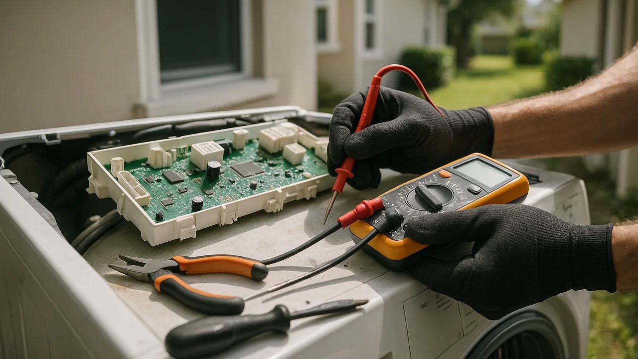 Close-up of technician hands performing precision diagnostics on appliance control module