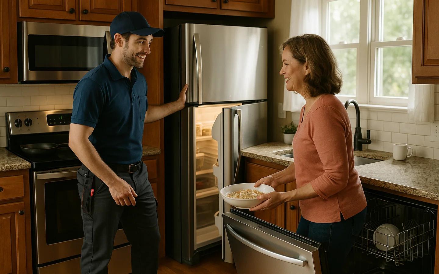 Family kitchen scene with restored appliances and warm daylight atmosphere