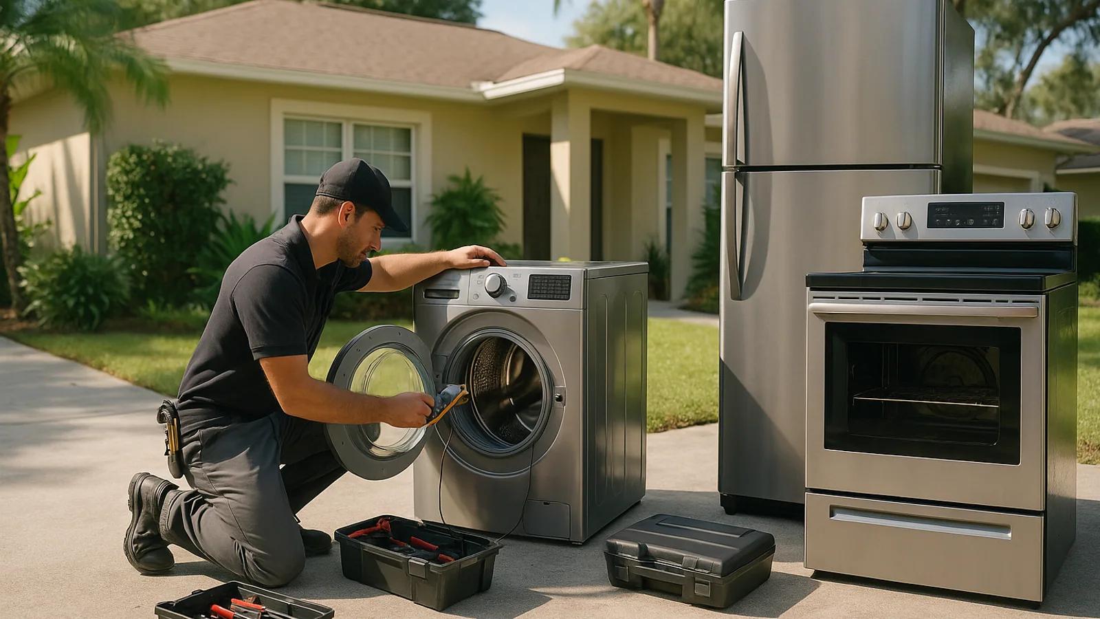 Wide cinematic view of appliance repair tools and diagnostics in an active home service environment